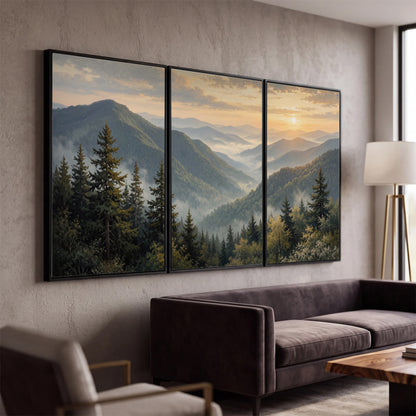 Blue-green mountain ridges and pines beneath a golden sunset 3 piece framed canvas wall art displayed in a modern living room