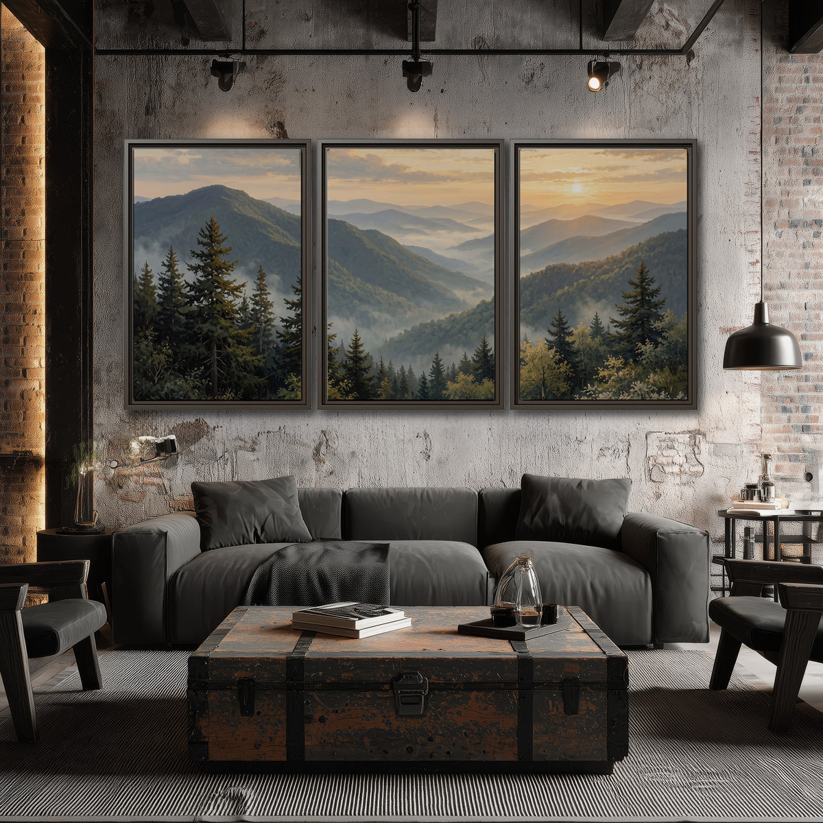 Blue-green mountain ridges and pines beneath a golden sunset 3 piece framed canvas wall art displayed in a industrial room