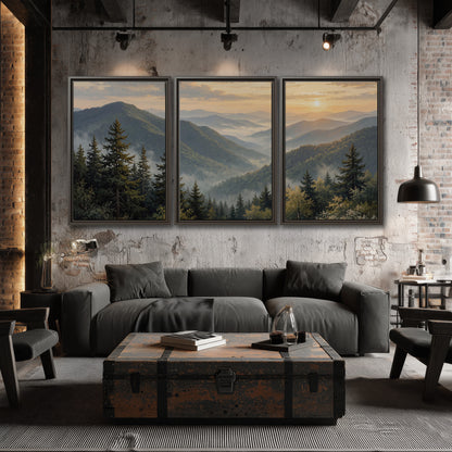 Blue-green mountain ridges and pines beneath a golden sunset 3 piece framed canvas wall art displayed in a industrial room