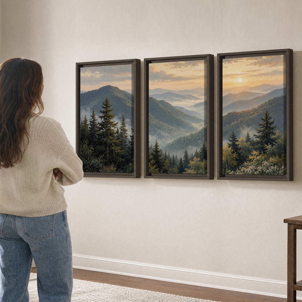 Blue-green mountain ridges and pines beneath a golden sunset 3 piece framed canvas wall art three panel arrangement on a wall