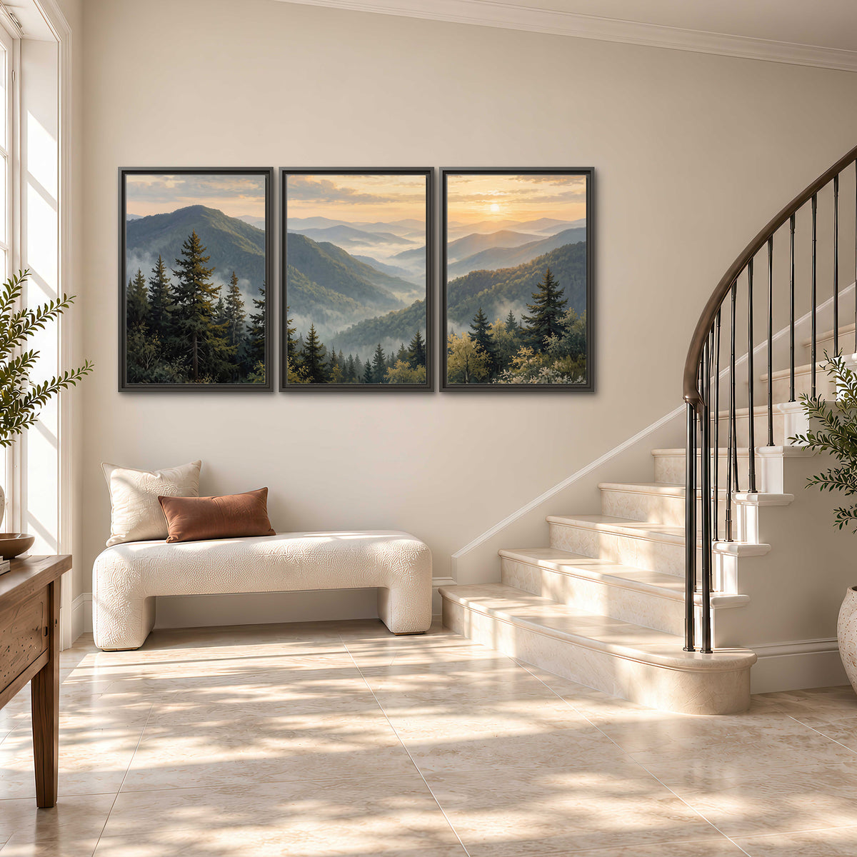 Blue-green mountain ridges and pines beneath a golden sunset 3 piece framed canvas wall art styled in an interior