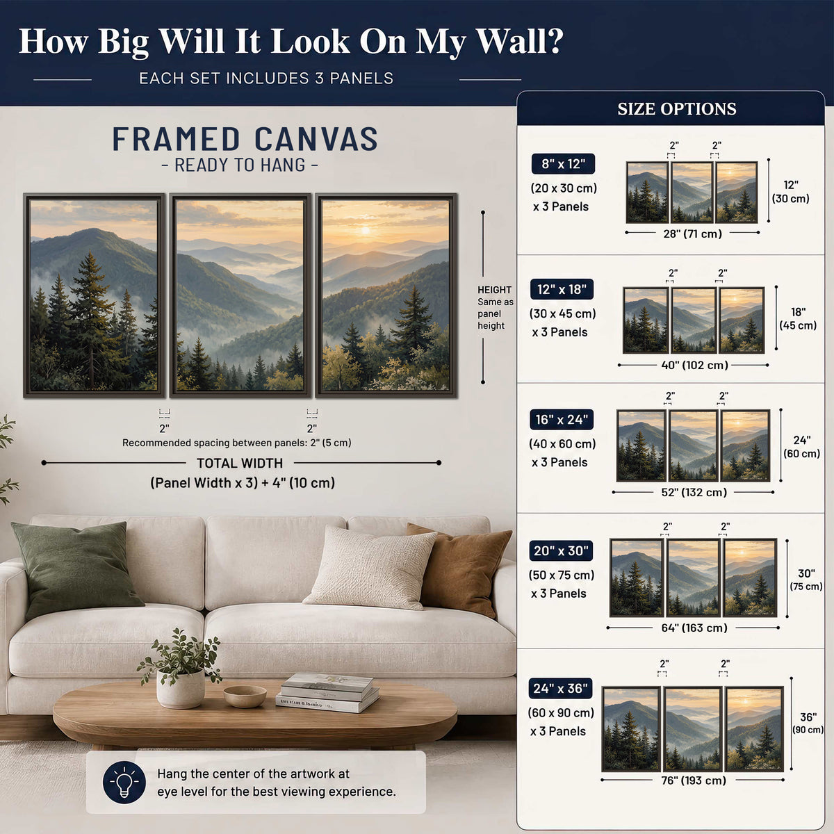 Blue-green mountain ridges and pines beneath a golden sunset 3 piece framed canvas wall art size guide above a sofa; room view is illustrative