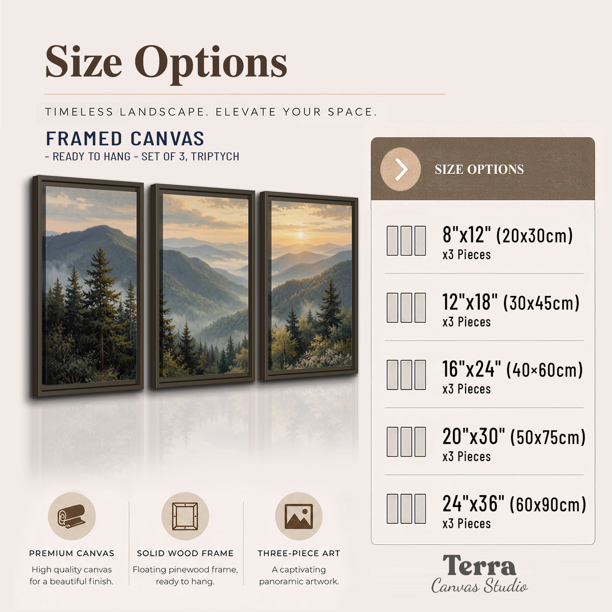 Blue-green mountain ridges and pines beneath a golden sunset 3 piece framed canvas wall art available dimensions; triptych dimensions are per panel