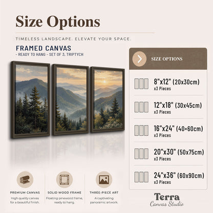 Blue-green mountain ridges and pines beneath a golden sunset 3 piece framed canvas wall art available dimensions; triptych dimensions are per panel