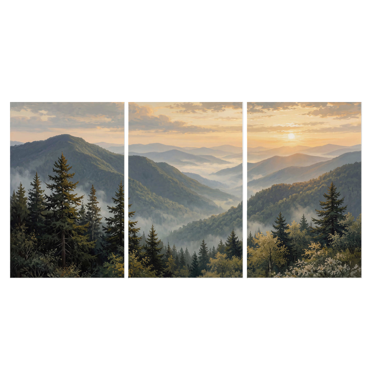 Blue-green mountain ridges and pines beneath a golden sunset set of 3 poster prints viewed straight on