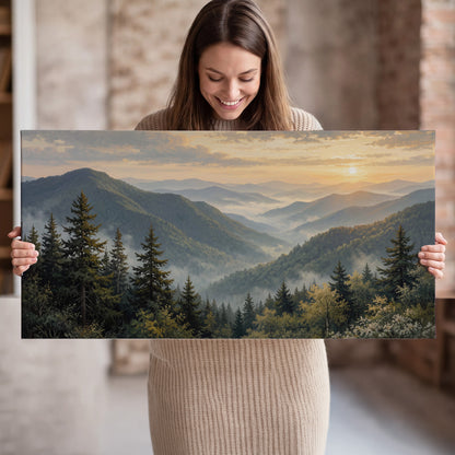 Blue-green mountain ridges and pines beneath a golden sunset single canvas wall art held in hands