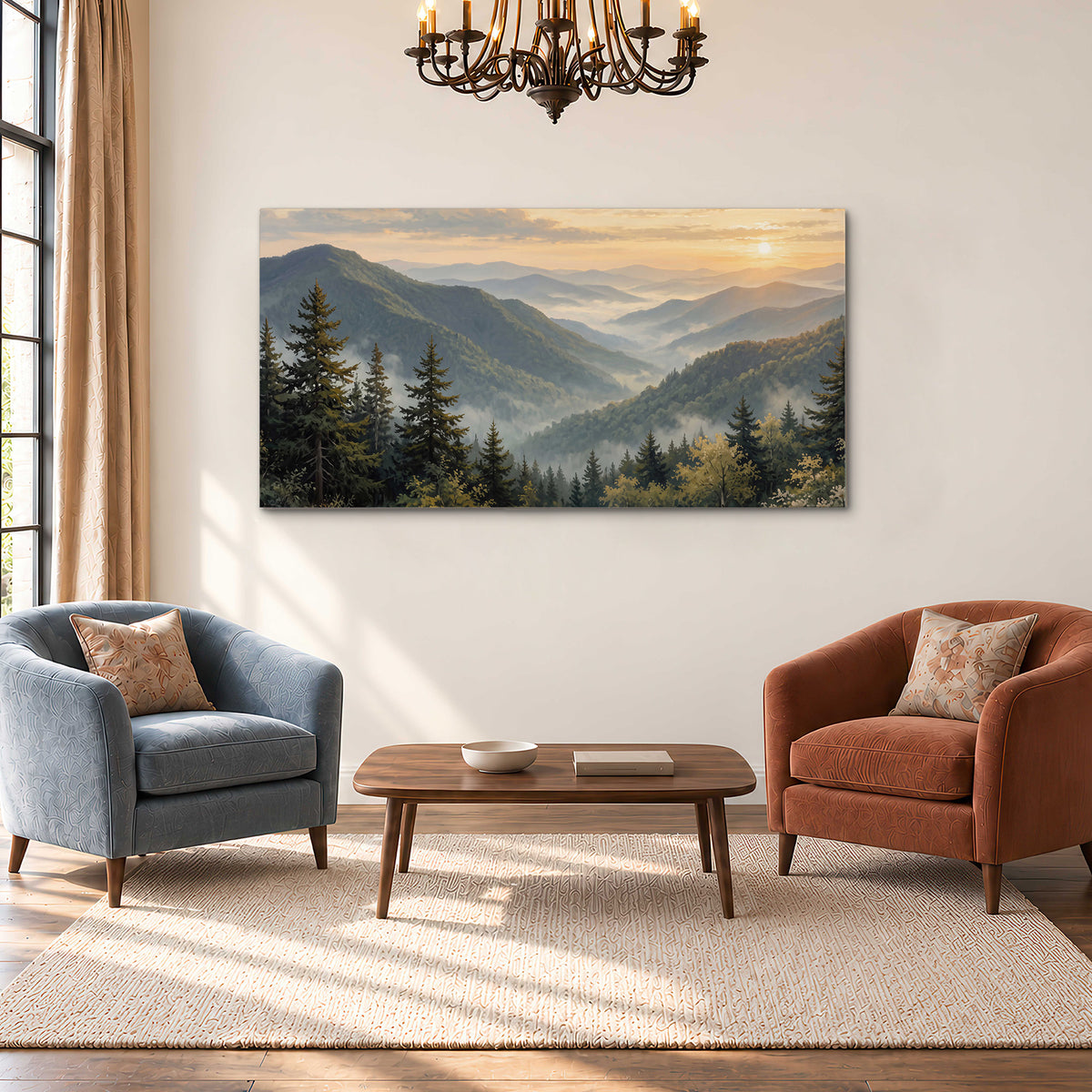 Blue-green mountain ridges and pines beneath a golden sunset single canvas wall art styled in an interior
