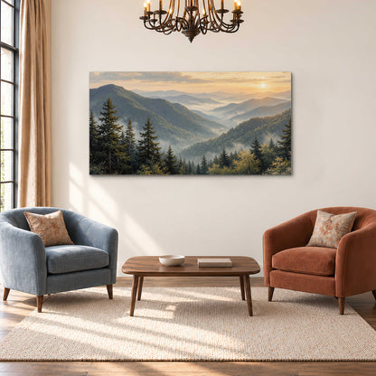 Blue-green mountain ridges and pines beneath a golden sunset single canvas wall art styled in an interior