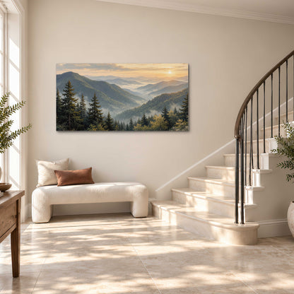 Blue-green mountain ridges and pines beneath a golden sunset single canvas wall art styled in an interior