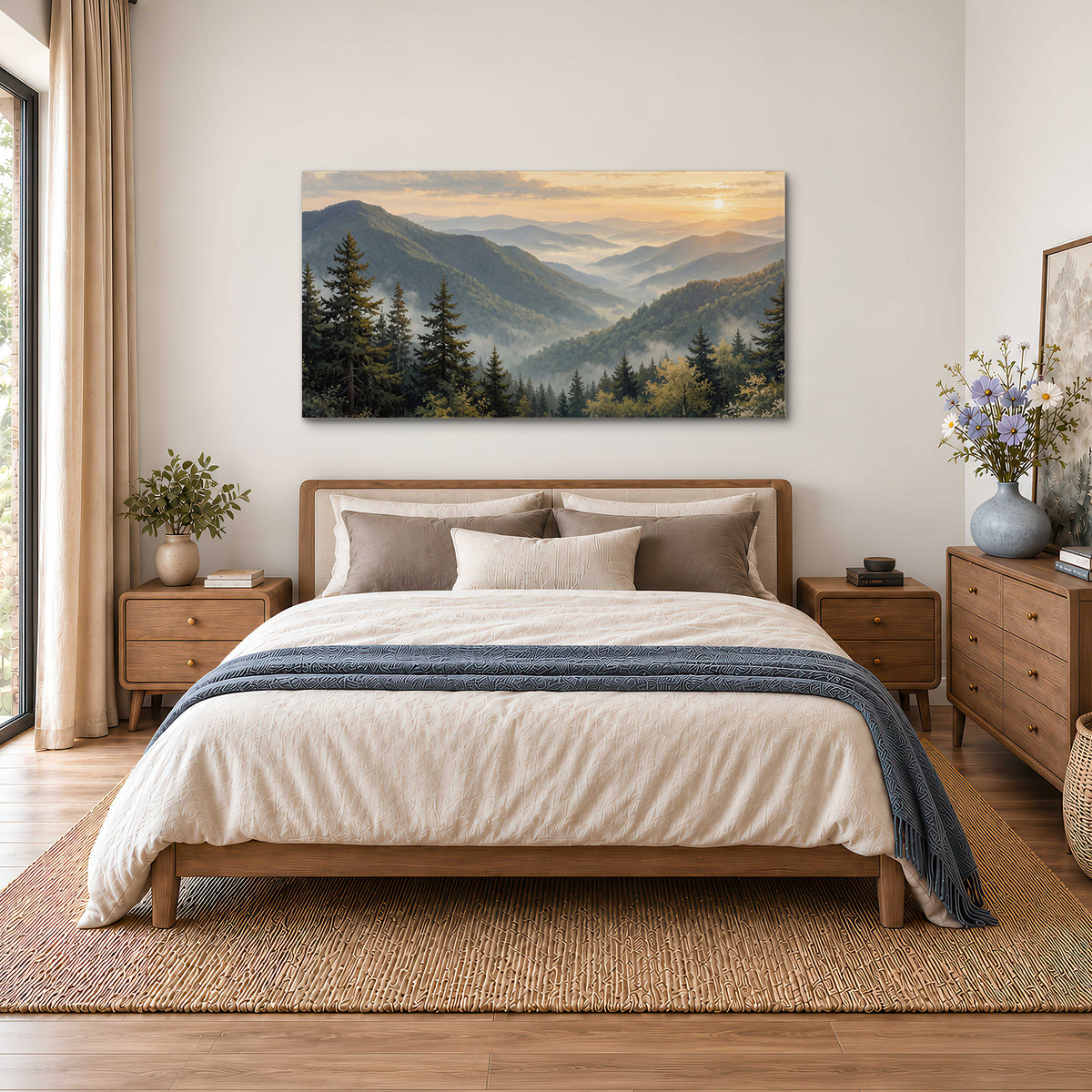 Blue-green mountain ridges and pines beneath a golden sunset single canvas wall art styled in an interior