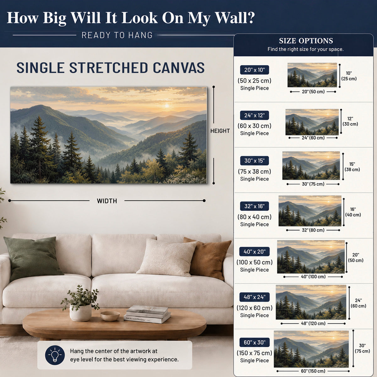 Blue-green mountain ridges and pines beneath a golden sunset single canvas wall art size guide above a sofa; room view is illustrative