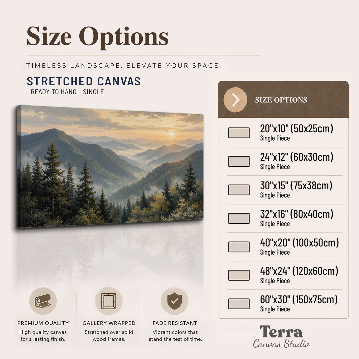 Blue-green mountain ridges and pines beneath a golden sunset single canvas wall art available dimensions