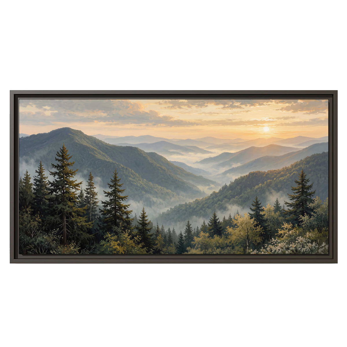 Blue-green mountain ridges and pines beneath a golden sunset single framed canvas wall art viewed straight on