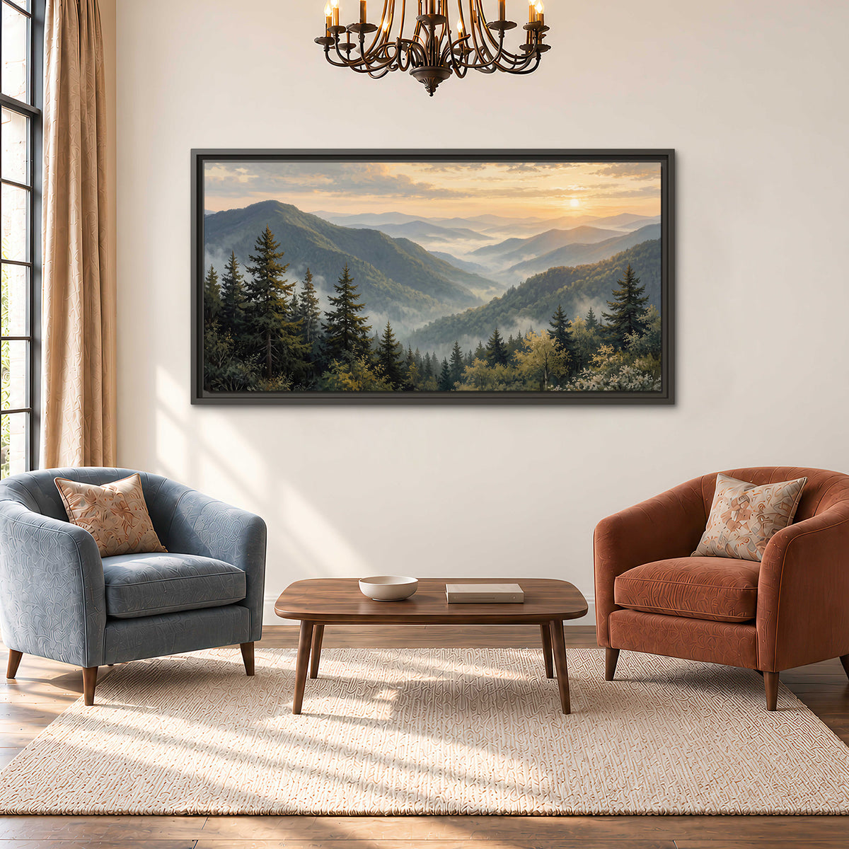 Blue-green mountain ridges and pines beneath a golden sunset single framed canvas wall art styled in an interior