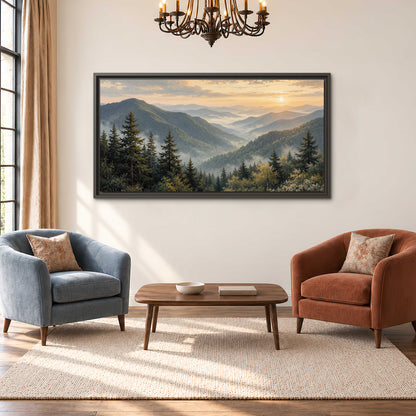 Blue-green mountain ridges and pines beneath a golden sunset single framed canvas wall art styled in an interior
