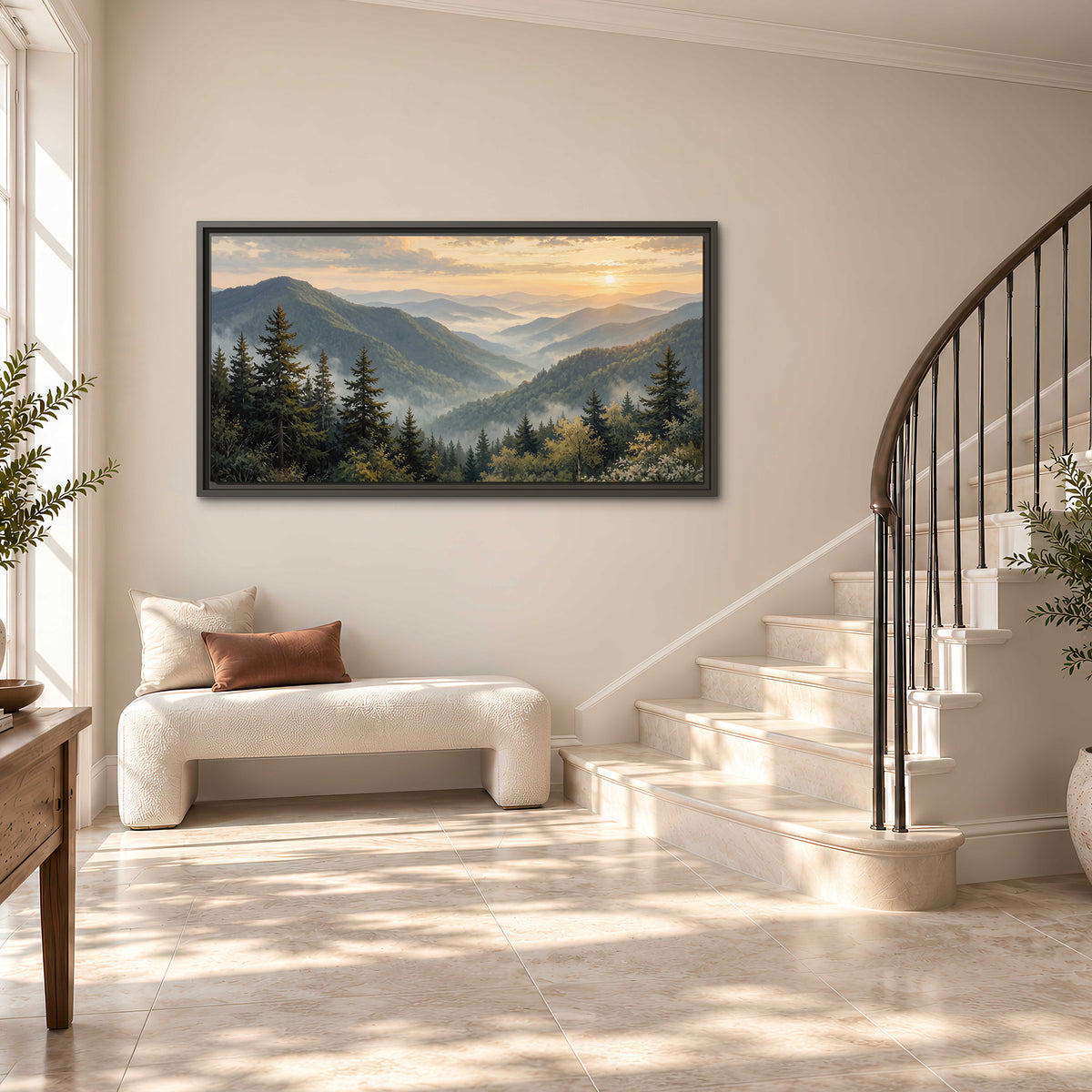 Blue-green mountain ridges and pines beneath a golden sunset single framed canvas wall art styled in an interior