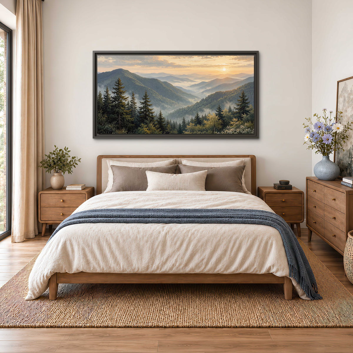 Blue-green mountain ridges and pines beneath a golden sunset single framed canvas wall art styled in an interior
