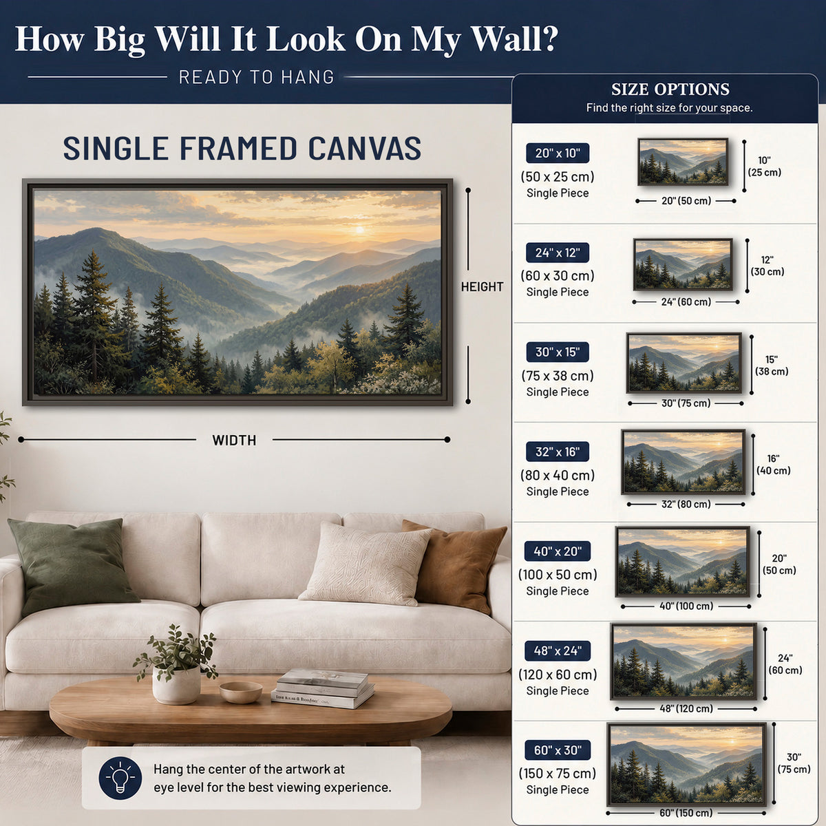Blue-green mountain ridges and pines beneath a golden sunset single framed canvas wall art size guide above a sofa; room view is illustrative