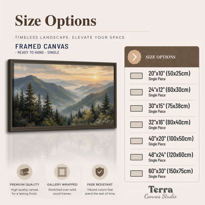 Blue-green mountain ridges and pines beneath a golden sunset single framed canvas wall art available dimensions