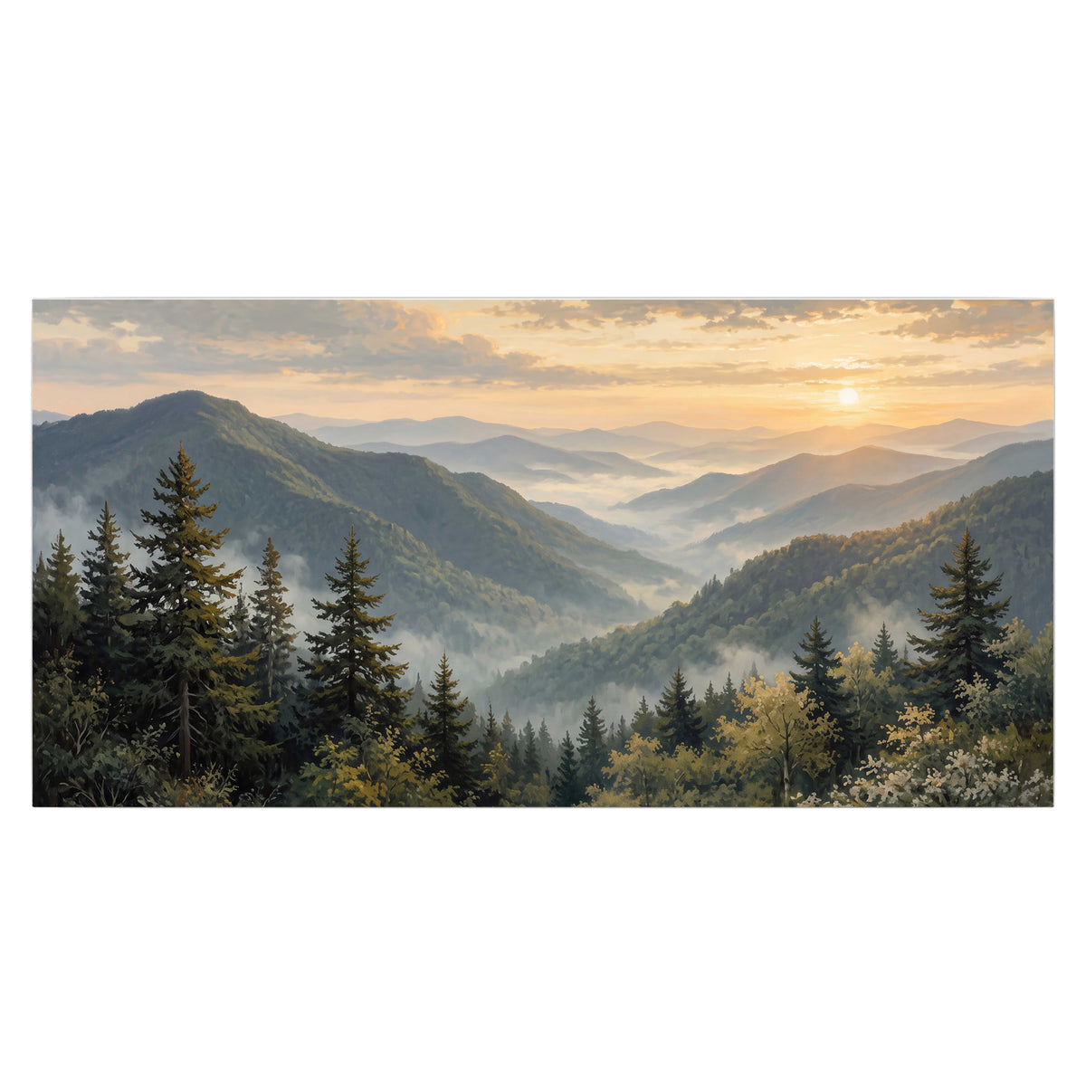 Blue-green mountain ridges and pines beneath a golden sunset single poster print viewed straight on