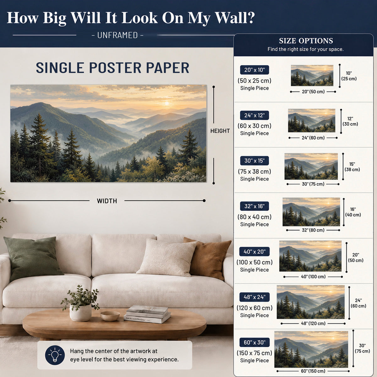 Blue-green mountain ridges and pines beneath a golden sunset single poster print size guide above a sofa; room view is illustrative