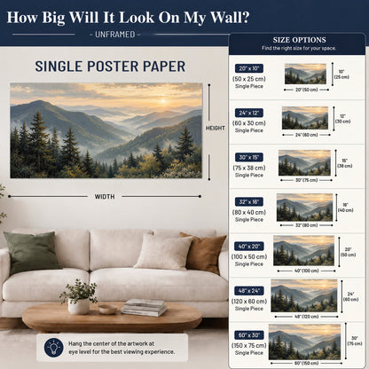 Blue-green mountain ridges and pines beneath a golden sunset single poster print size guide above a sofa; room view is illustrative