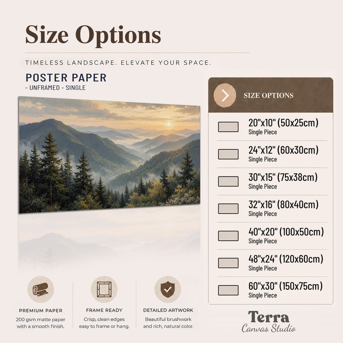 Blue-green mountain ridges and pines beneath a golden sunset single poster print available dimensions
