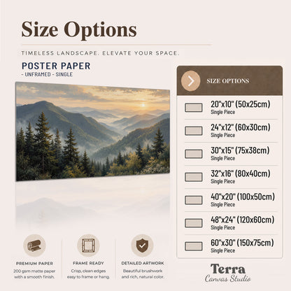 Blue-green mountain ridges and pines beneath a golden sunset single poster print available dimensions