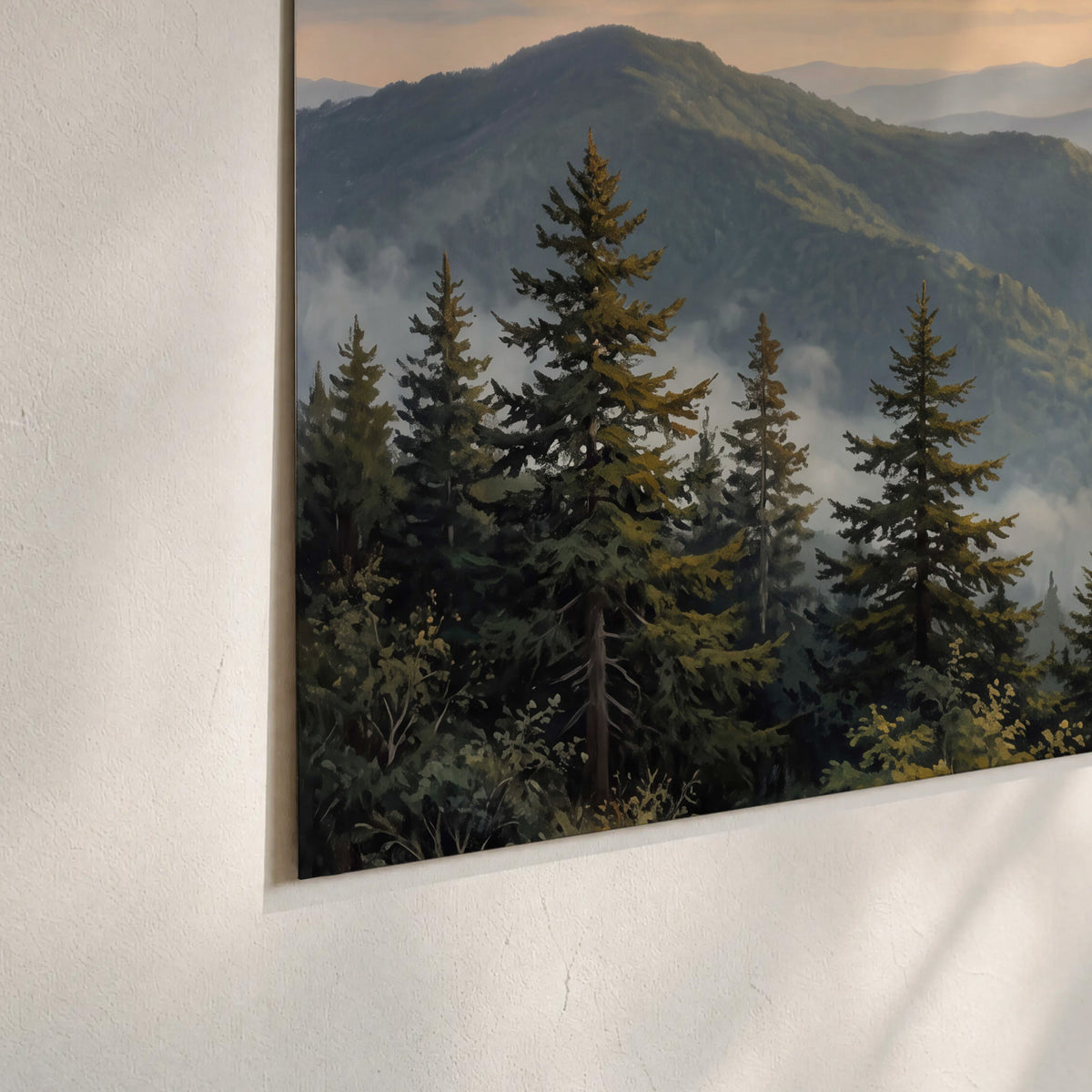 Blue-green mountain ridges and pines beneath a golden sunset set of 3 poster prints material and edge close up