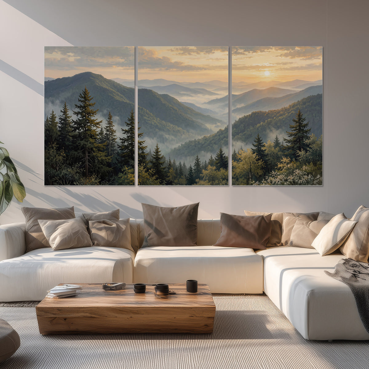 Blue-green mountain ridges and pines beneath a golden sunset set of 3 poster prints displayed in a living room