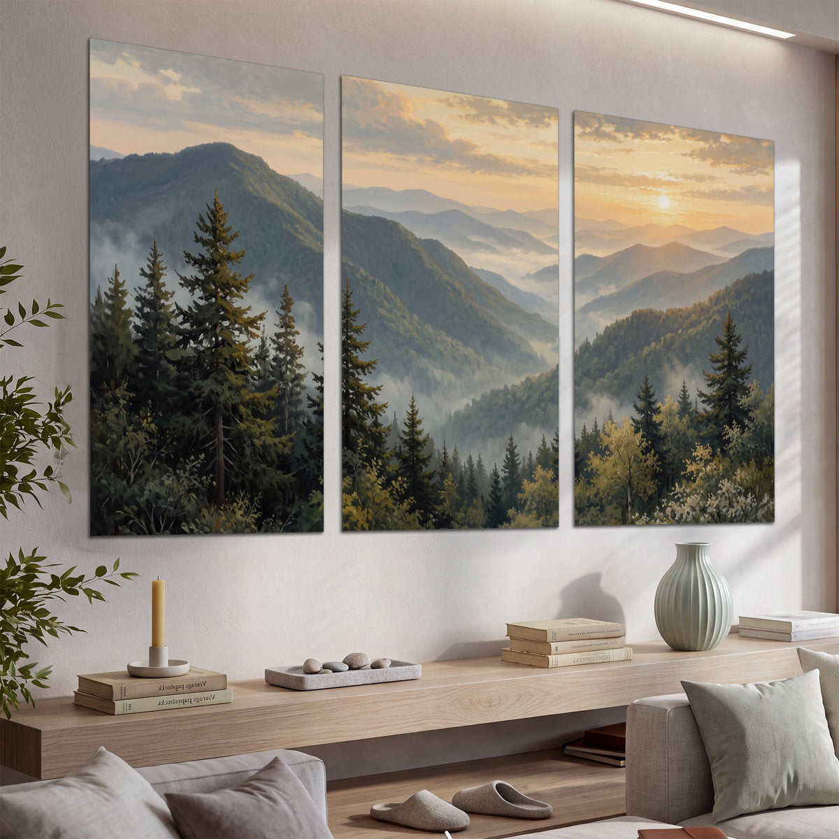 Blue-green mountain ridges and pines beneath a golden sunset set of 3 poster prints displayed in a console
