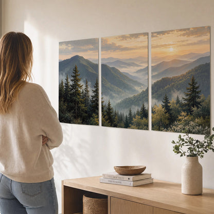 Blue-green mountain ridges and pines beneath a golden sunset set of 3 poster prints three panel arrangement on a wall
