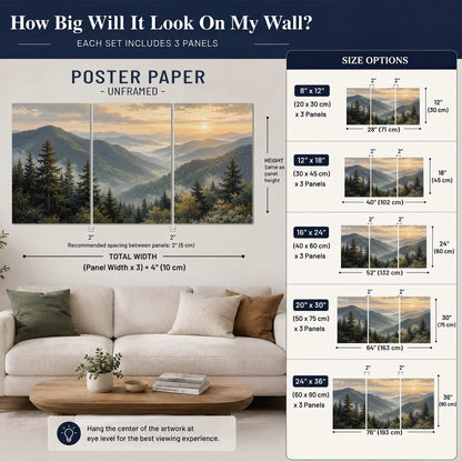 Blue-green mountain ridges and pines beneath a golden sunset set of 3 poster prints size guide above a sofa; room view is illustrative