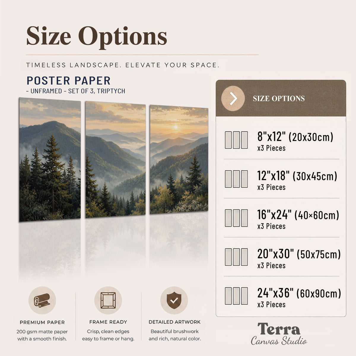 Blue-green mountain ridges and pines beneath a golden sunset set of 3 poster prints available dimensions; triptych dimensions are per panel