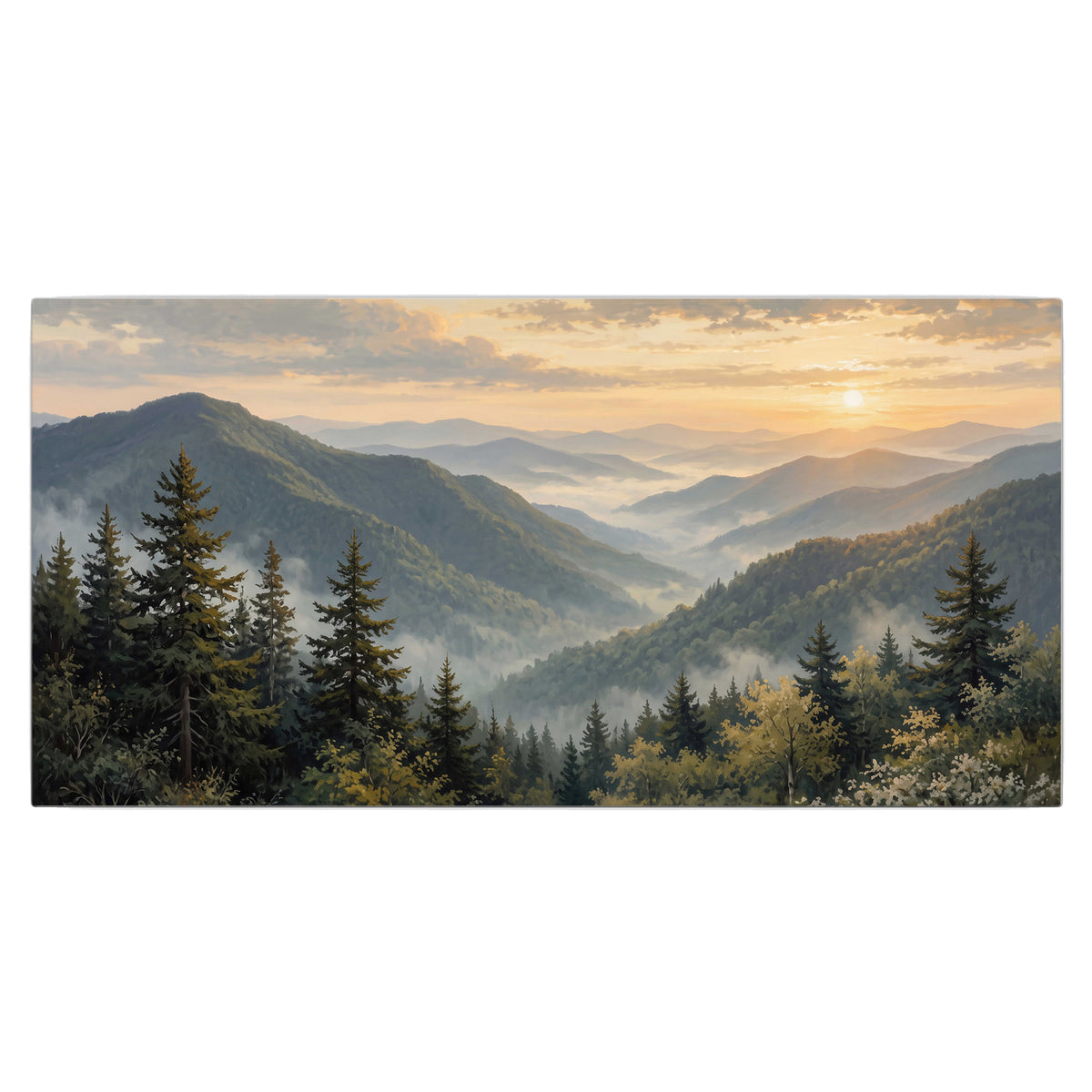 Blue-green mountain ridges and pines beneath a golden sunset single canvas wall art viewed straight on