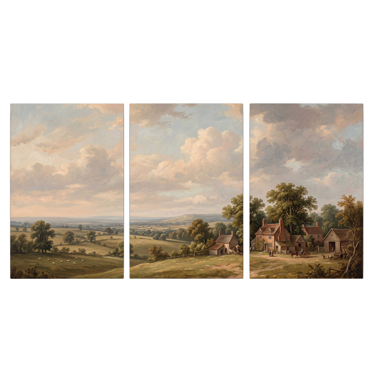Small cottages overlooking fields beneath a luminous cloudy sky 3 piece canvas wall art viewed straight on