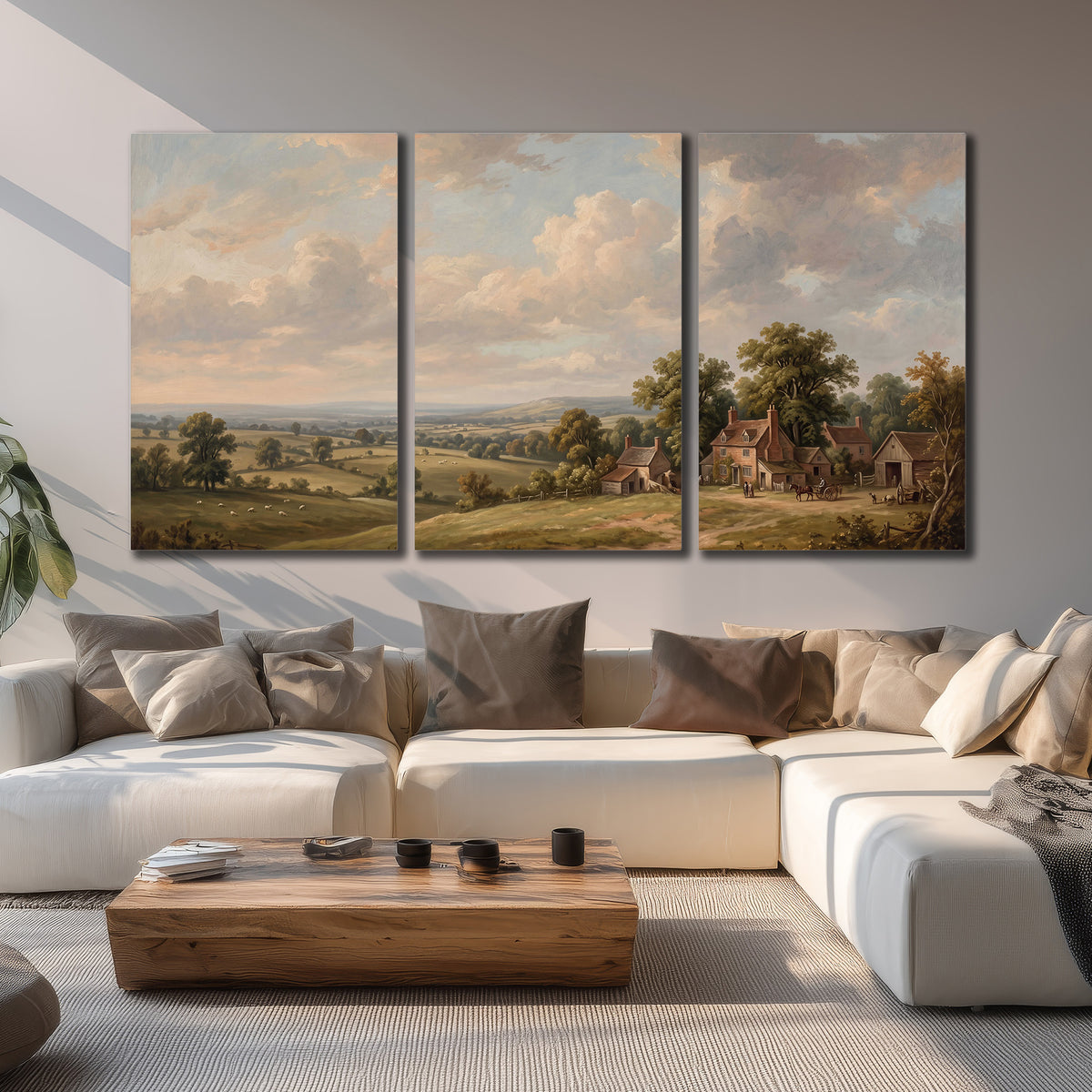 Small cottages overlooking fields beneath a luminous cloudy sky 3 piece canvas wall art displayed in a living room