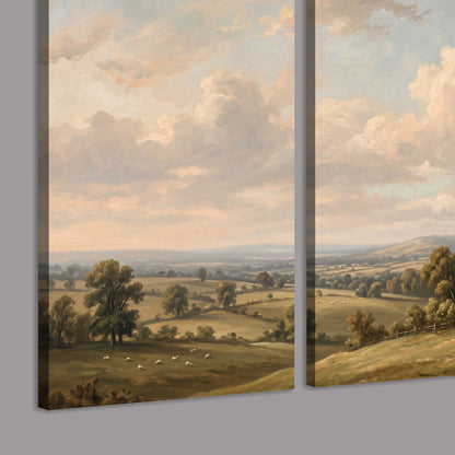 Small cottages overlooking fields beneath a luminous cloudy sky 3 piece canvas wall art room and product view