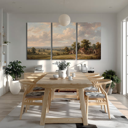 Small cottages overlooking fields beneath a luminous cloudy sky 3 piece canvas wall art room and product view