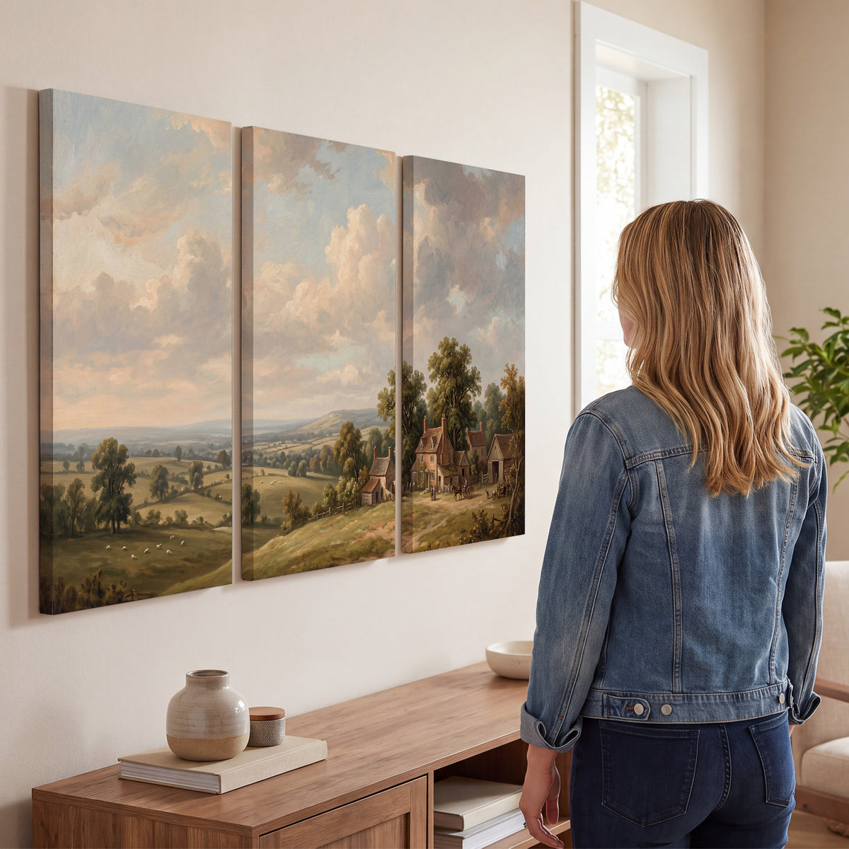 Small cottages overlooking fields beneath a luminous cloudy sky 3 piece canvas wall art three panel arrangement on a wall