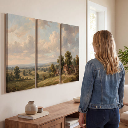 Small cottages overlooking fields beneath a luminous cloudy sky 3 piece canvas wall art three panel arrangement on a wall