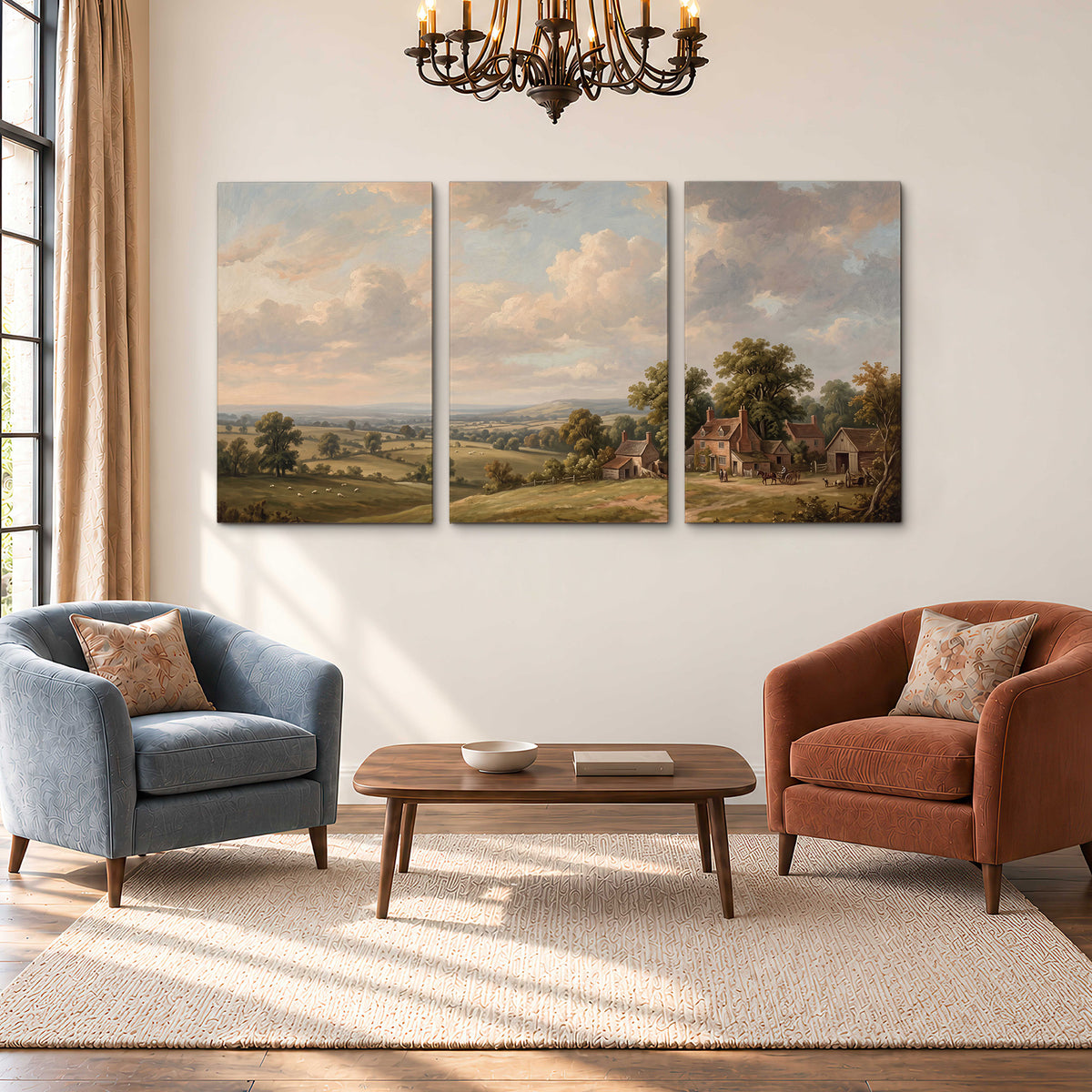Small cottages overlooking fields beneath a luminous cloudy sky 3 piece canvas wall art styled in an interior