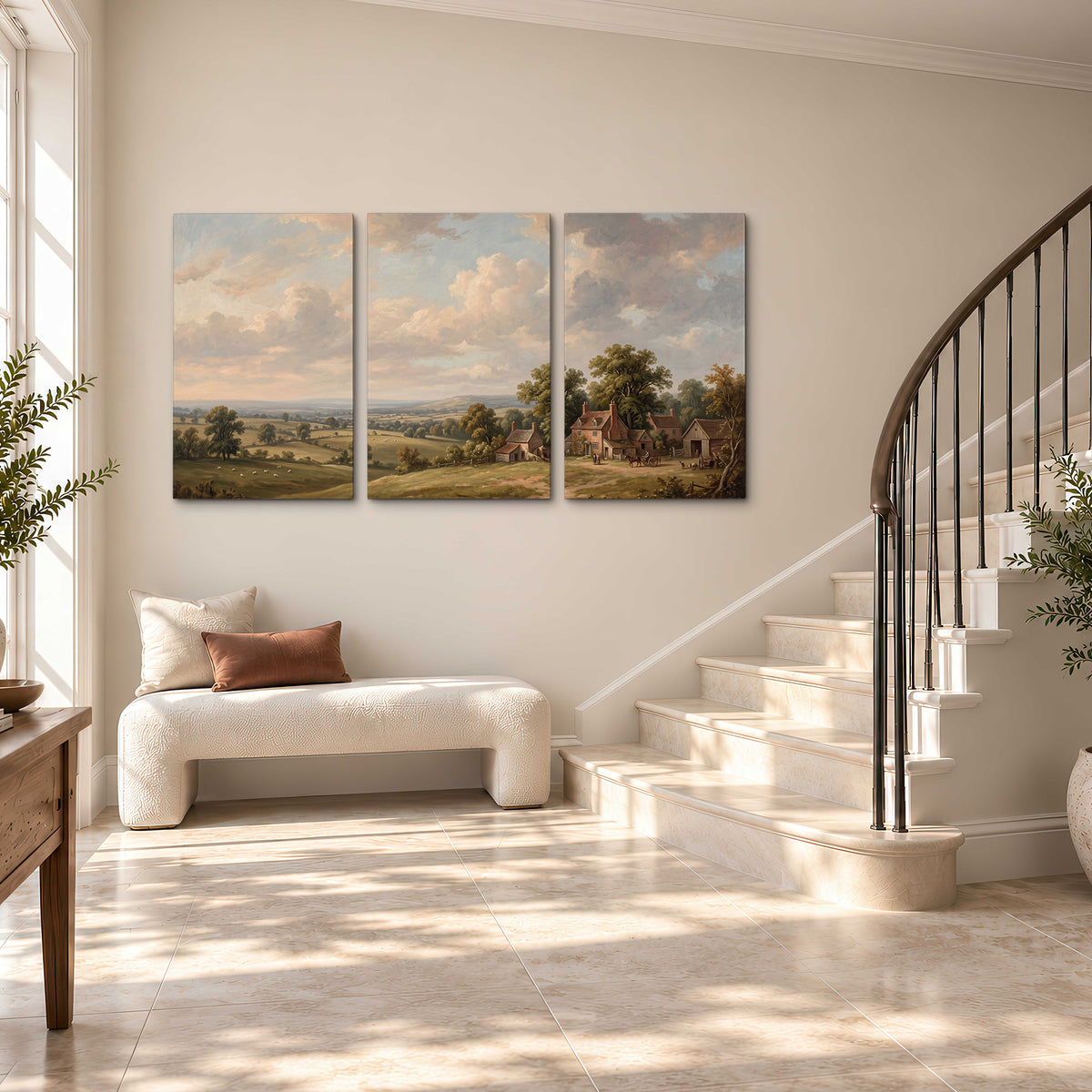 Small cottages overlooking fields beneath a luminous cloudy sky 3 piece canvas wall art styled in an interior