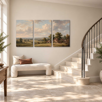 Small cottages overlooking fields beneath a luminous cloudy sky 3 piece canvas wall art styled in an interior
