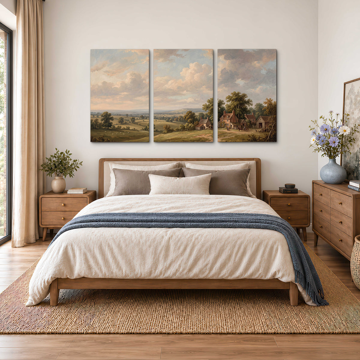 Small cottages overlooking fields beneath a luminous cloudy sky 3 piece canvas wall art styled in an interior