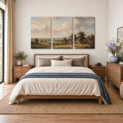 Small cottages overlooking fields beneath a luminous cloudy sky 3 piece canvas wall art styled in an interior