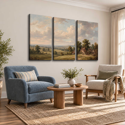 Small cottages overlooking fields beneath a luminous cloudy sky 3 piece canvas wall art styled in an interior