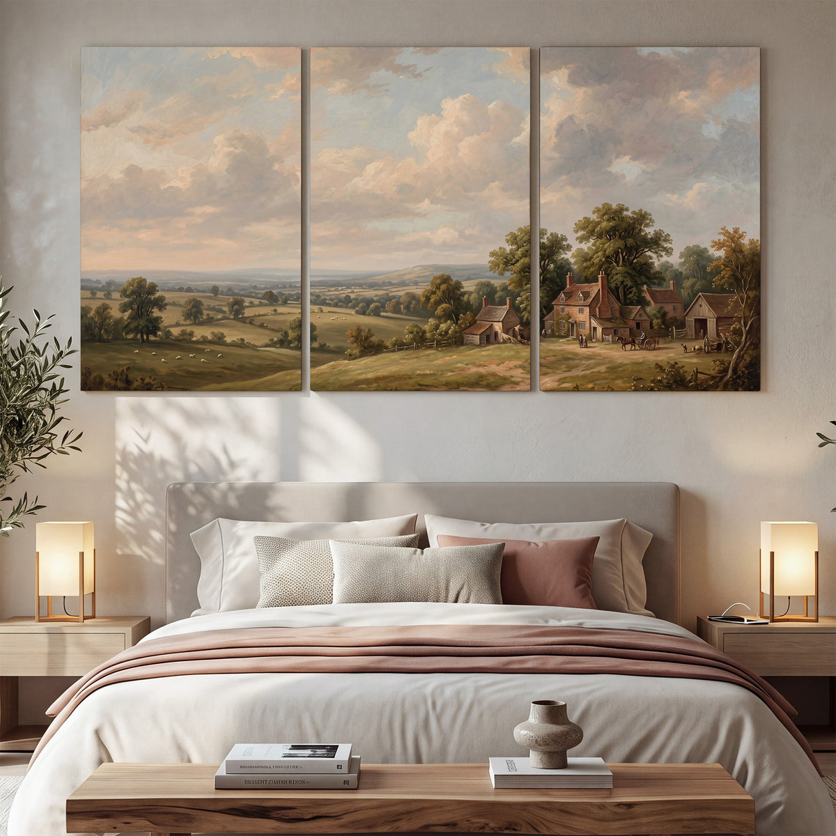Small cottages overlooking fields beneath a luminous cloudy sky 3 piece canvas wall art displayed in a bedroom