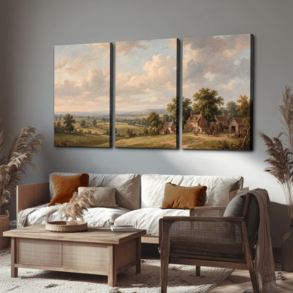 Small cottages overlooking fields beneath a luminous cloudy sky 3 piece canvas wall art displayed in a rustic living room