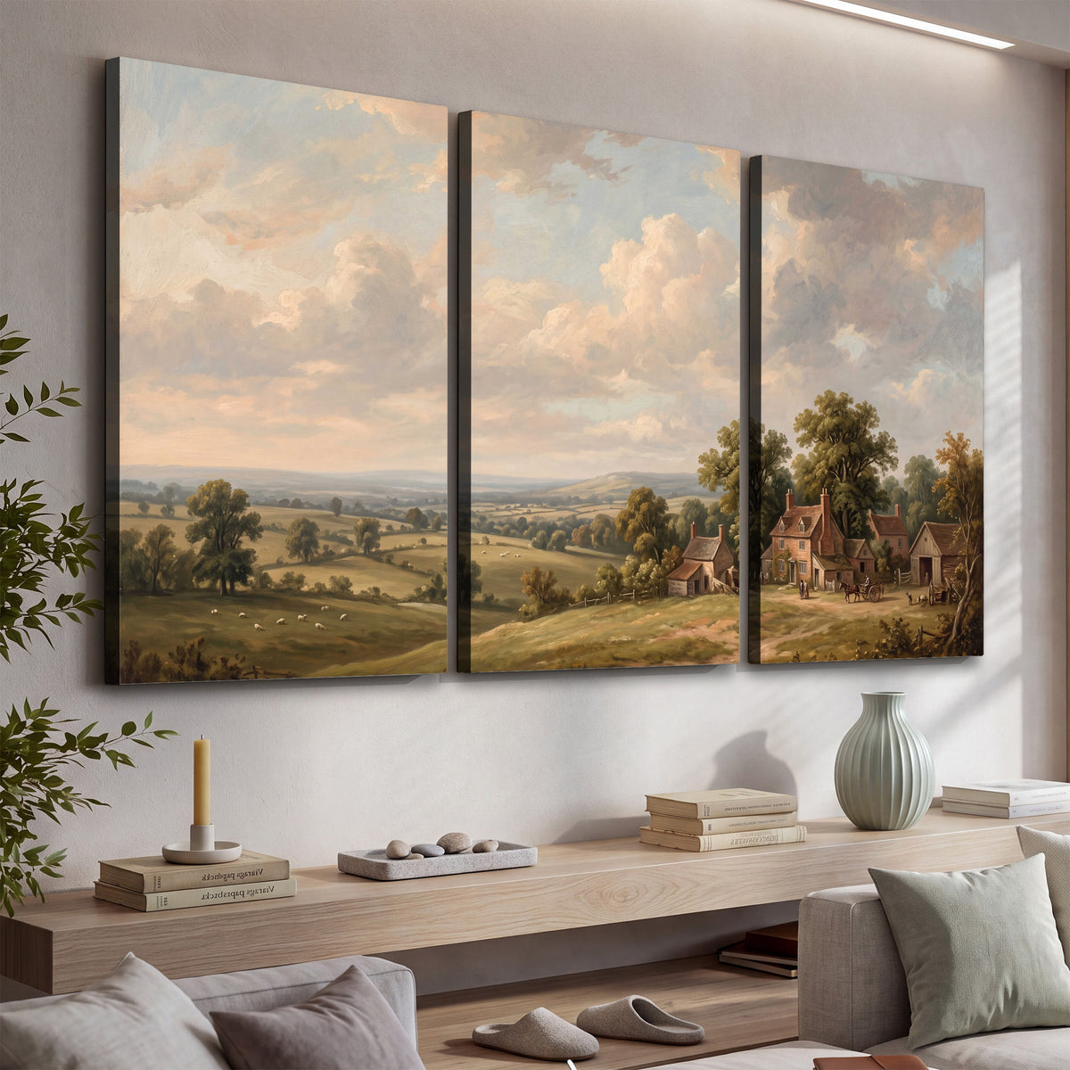 Small cottages overlooking fields beneath a luminous cloudy sky 3 piece canvas wall art displayed in a console